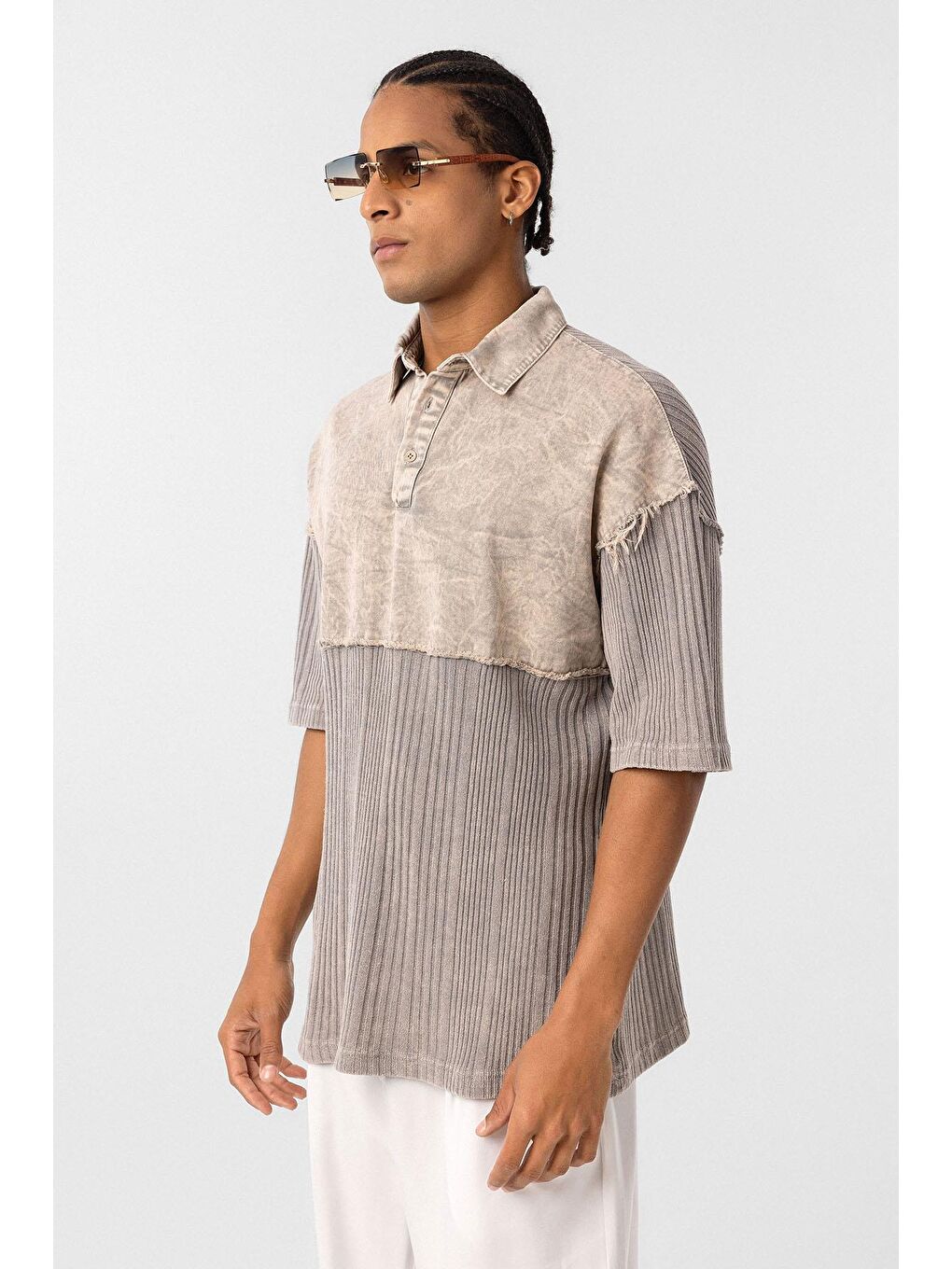 Bej Yıkamalı Oversize Polo Yaka Tişört Taş-3