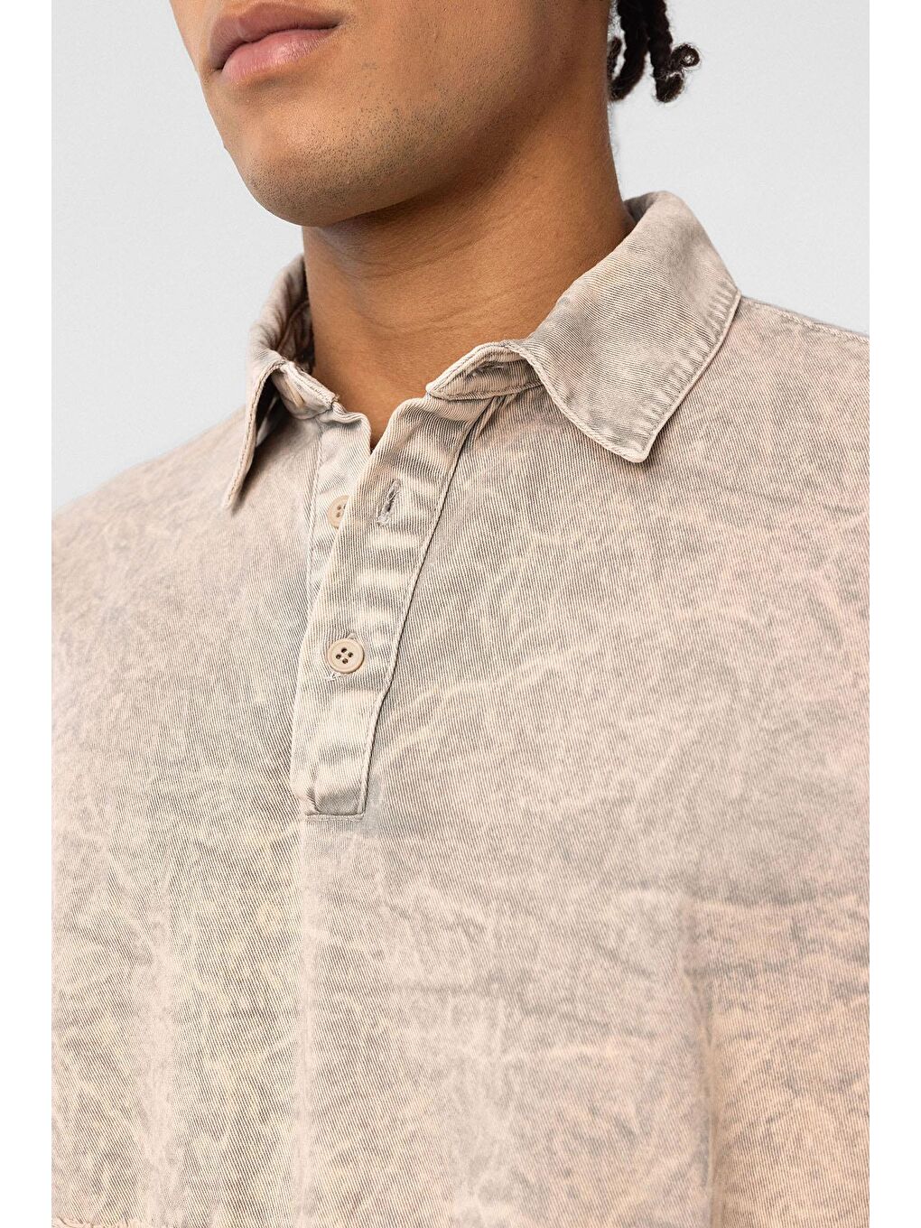 Bej Yıkamalı Oversize Polo Yaka Tişört Taş-5