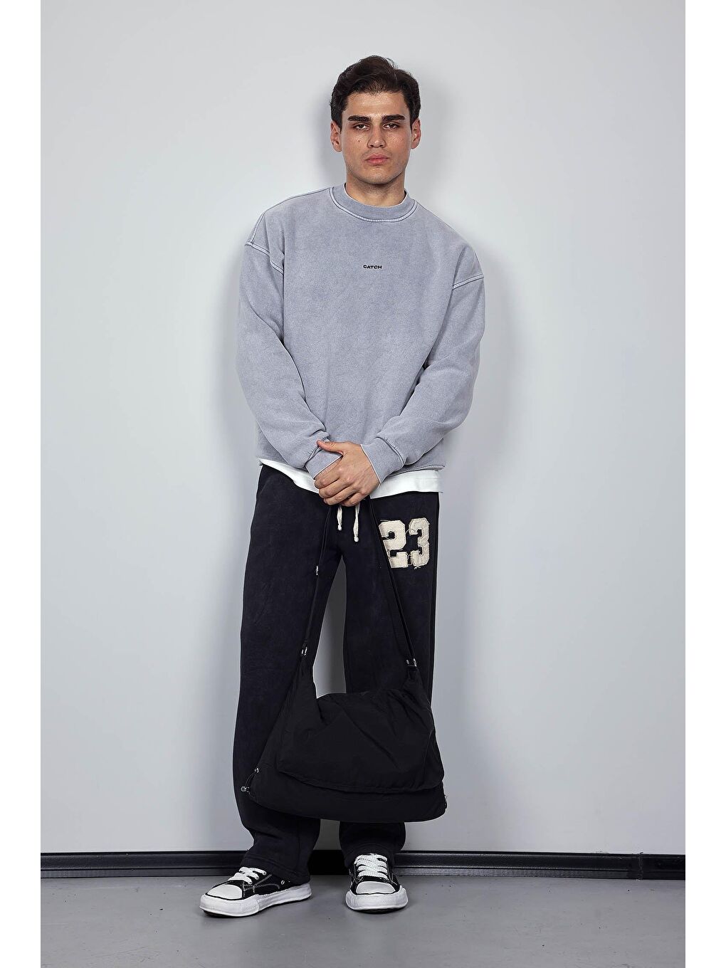 Erkek Baskılı Yıkamalı Baggy Fit Eşofman Siyah-5