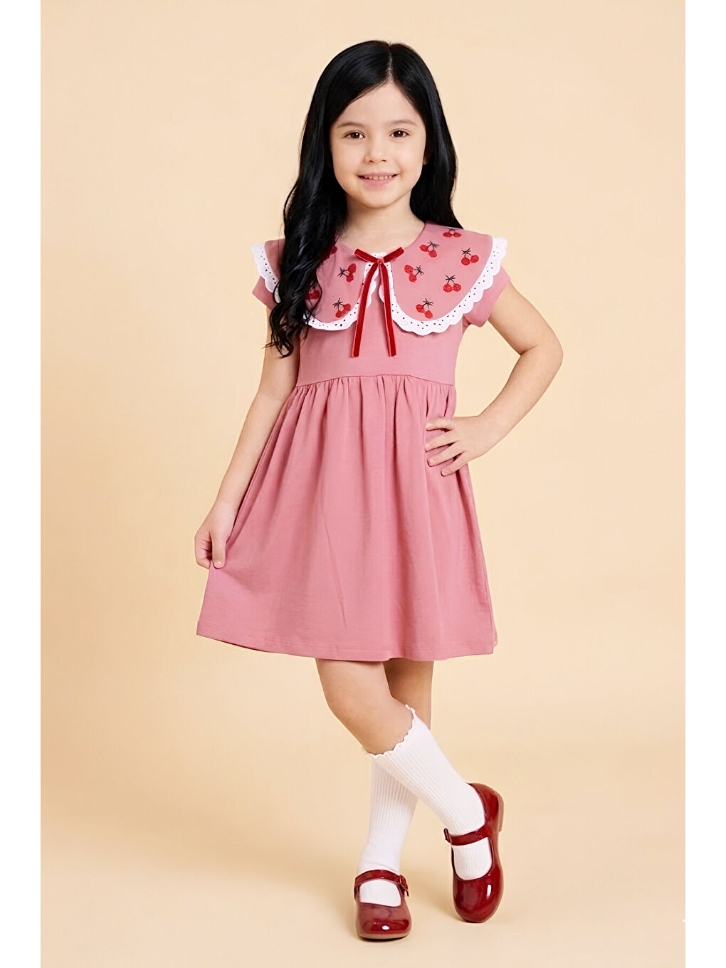 Pembe Kız Çocuk Geniş Yakalı Nakış Detaylı Elbise 2-7 Yaş 12652OZ-2