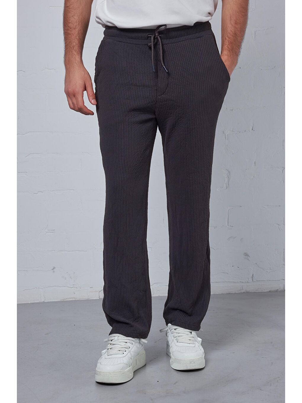 Erkek Fitilli Baggy Fit Rahat Eşofman Antrasit-1