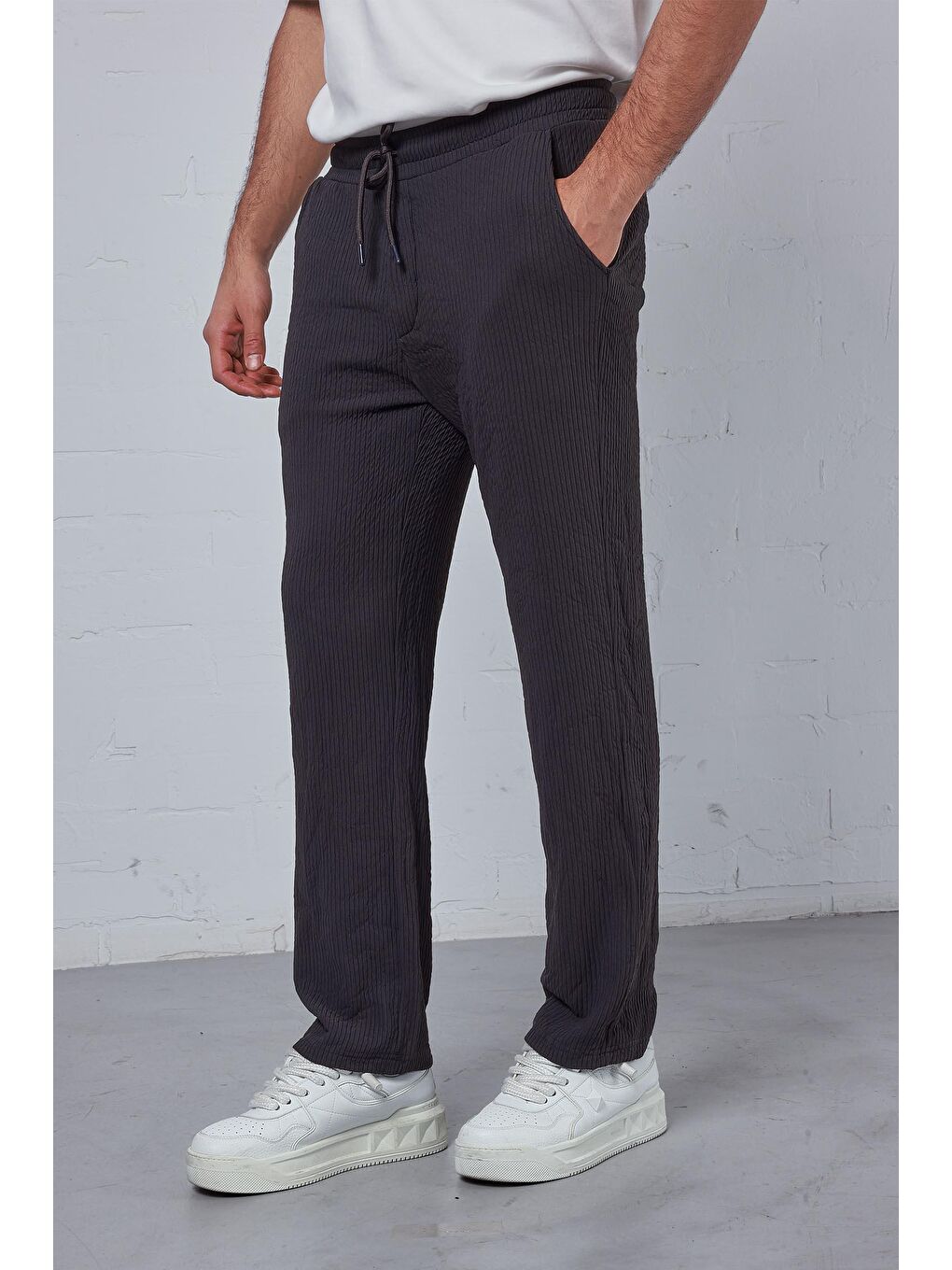 Erkek Fitilli Baggy Fit Rahat Eşofman Antrasit-2