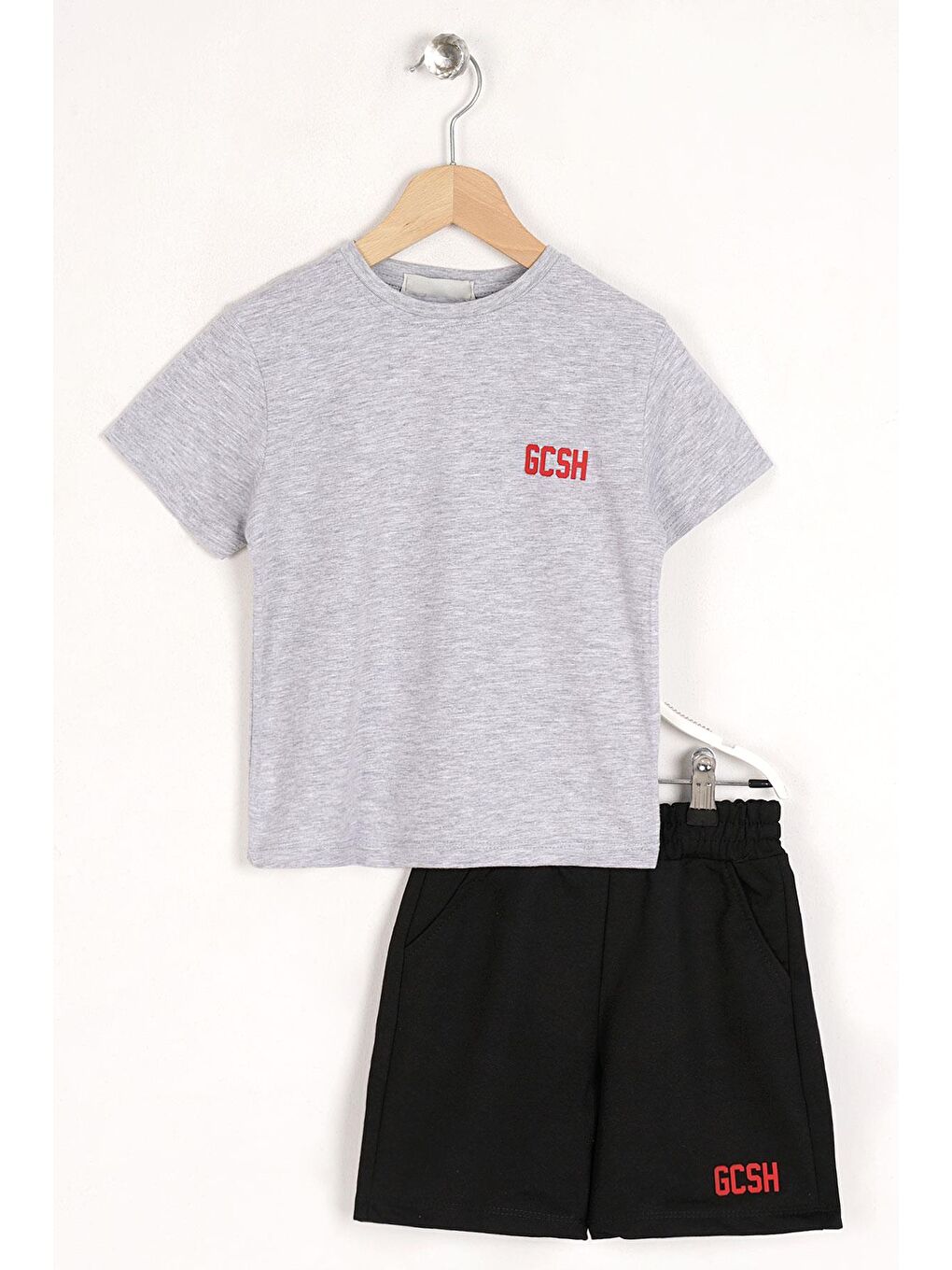 Bisiklet Yaka Kısa Kol Arma Baskılı Gri Renk Erkek Çocuk Şortlu Takım
