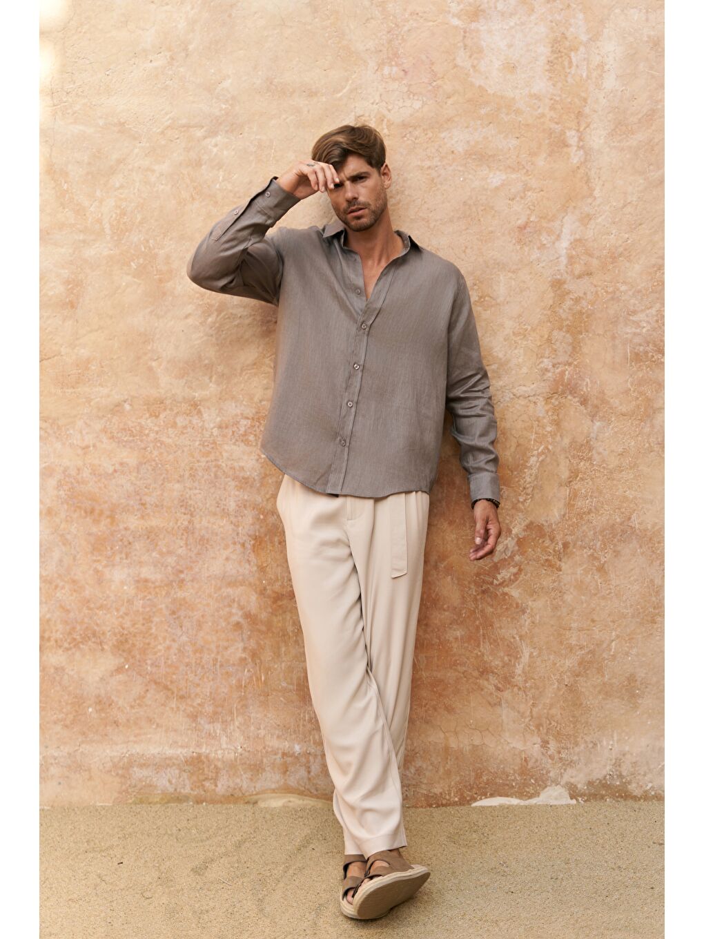 Gri Agnola Oversize Erkek Füme Keten Gömlek-1