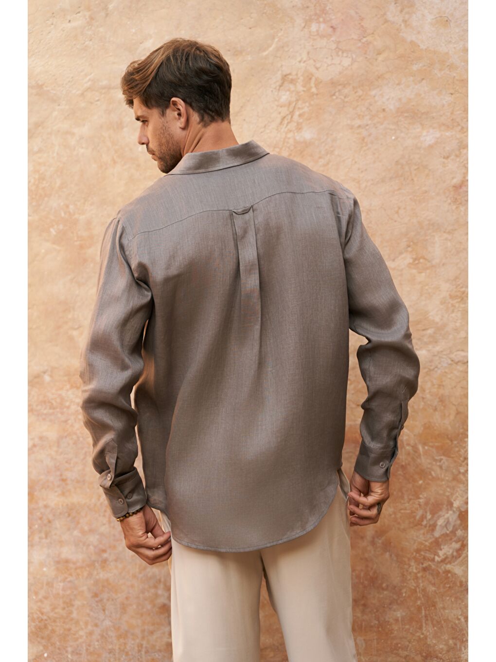 Gri Agnola Oversize Erkek Füme Keten Gömlek-3