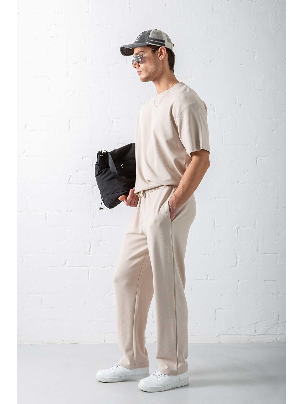 Erkek Regular Fit Beli Lastikli Rahat Eşofman Bej-1