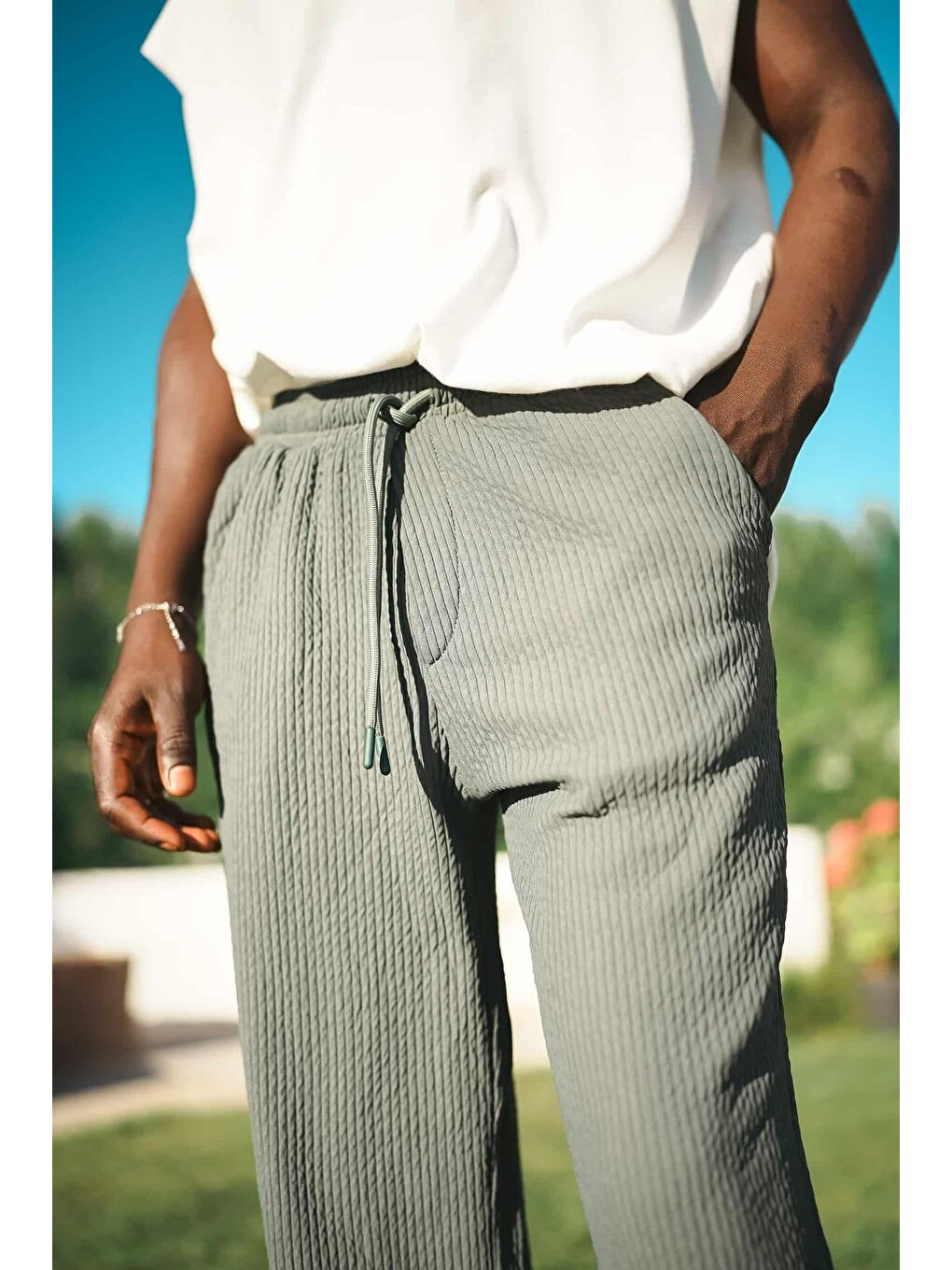 Erkek Fitilli Baggy Fit Rahat Eşofman Yeşil-1