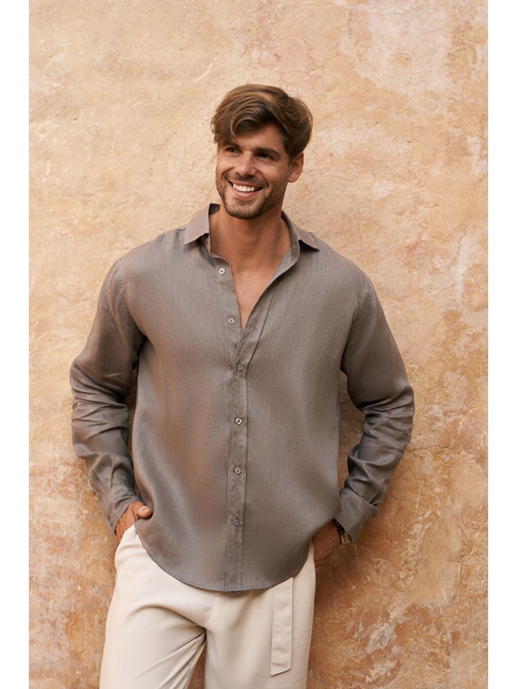 Gri Agnola Oversize Erkek Füme Keten Gömlek-4