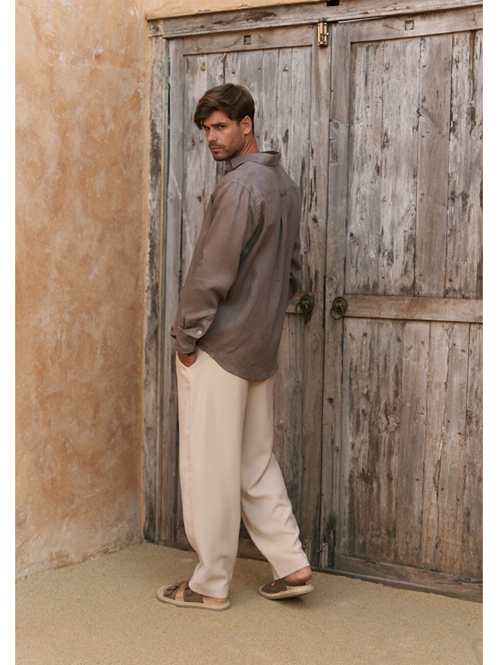 Gri Agnola Oversize Erkek Füme Keten Gömlek-5