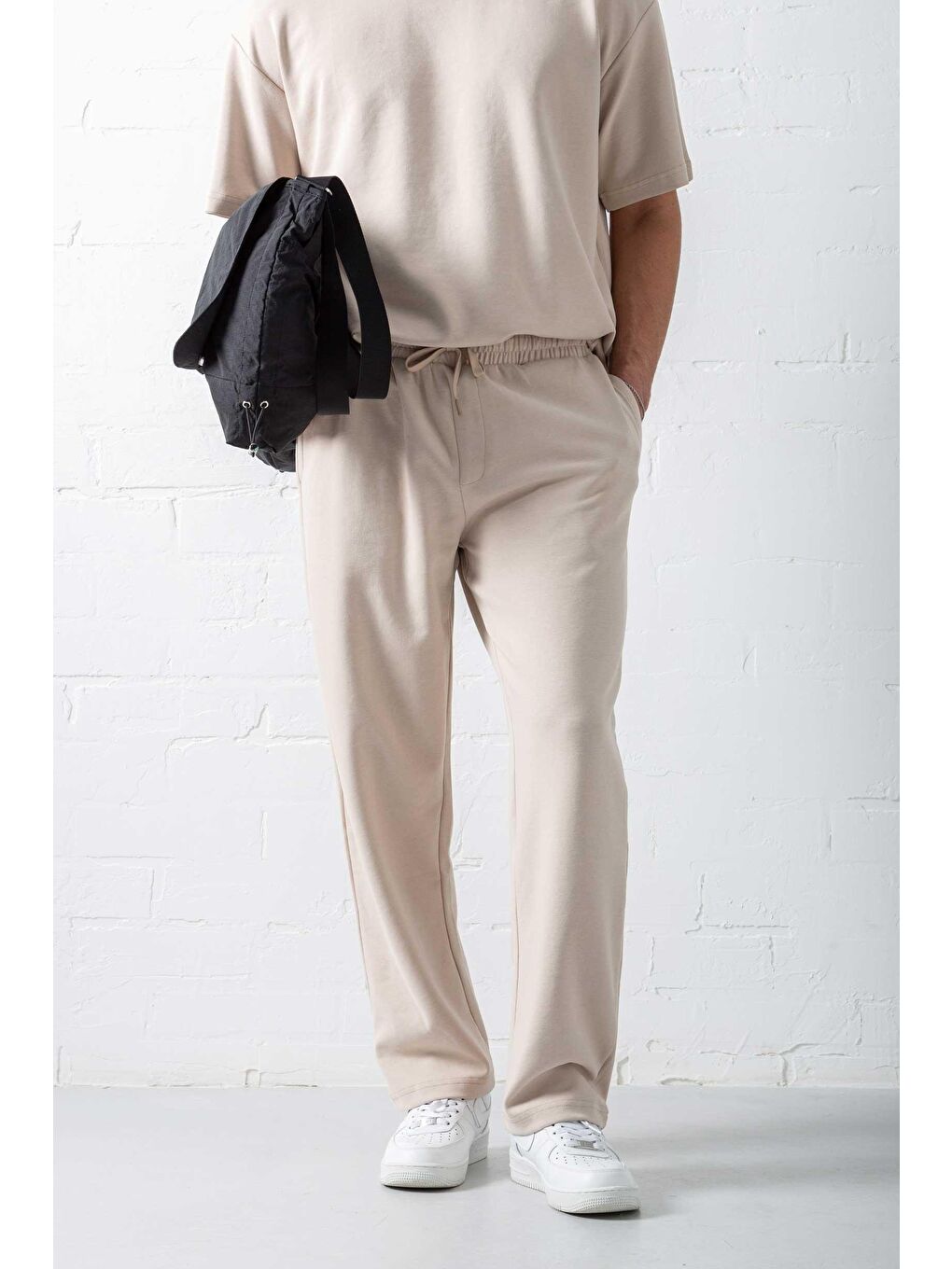 Erkek Regular Fit Beli Lastikli Rahat Eşofman Bej-2