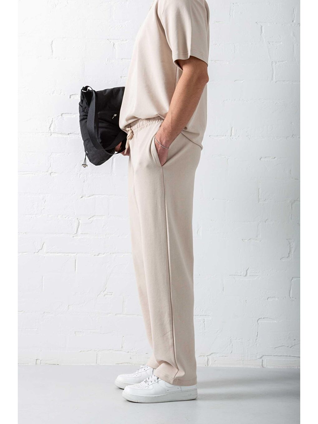 Erkek Regular Fit Beli Lastikli Rahat Eşofman Bej-3