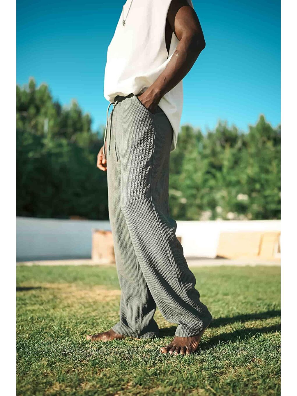 Erkek Fitilli Baggy Fit Rahat Eşofman Yeşil-3