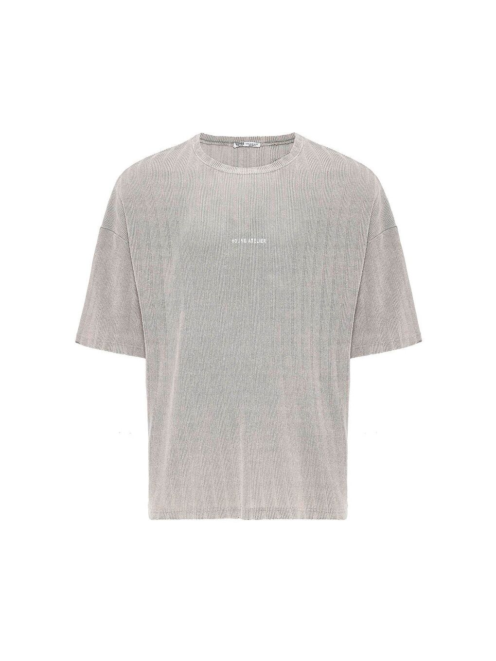 Bej Yıkamalı Arka Baskılı Oversize Tişört Taş-1