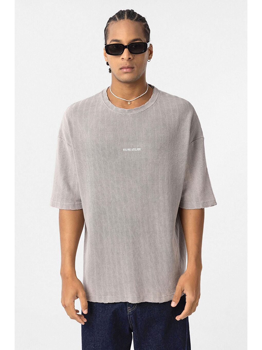 Bej Yıkamalı Arka Baskılı Oversize Tişört Taş-2