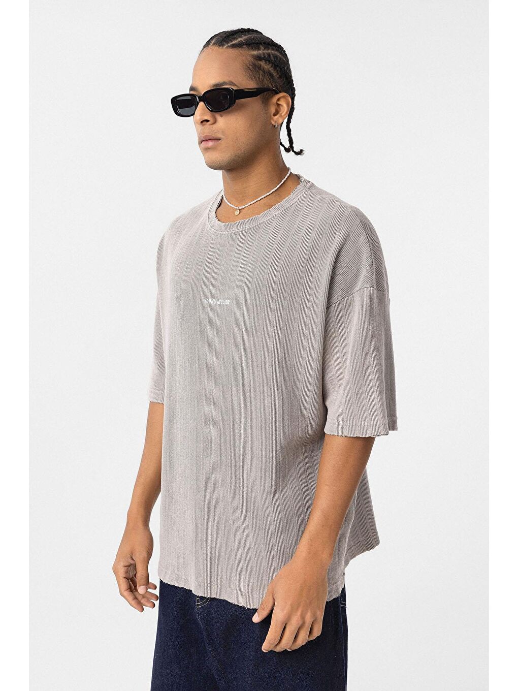 Bej Yıkamalı Arka Baskılı Oversize Tişört Taş-3