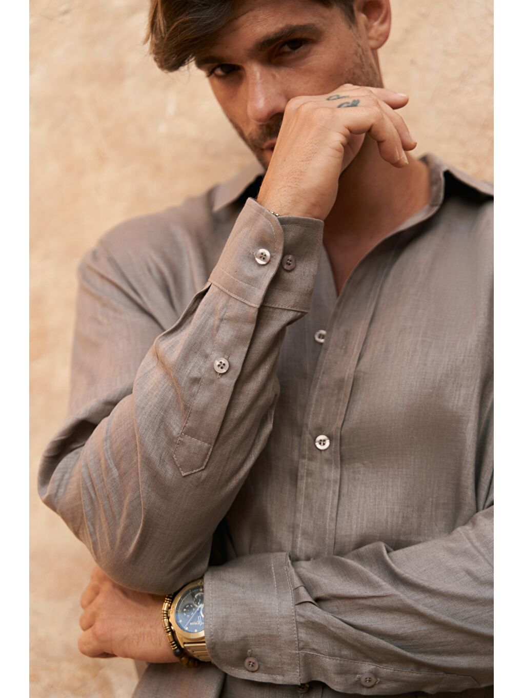 Gri Agnola Oversize Erkek Füme Keten Gömlek-7