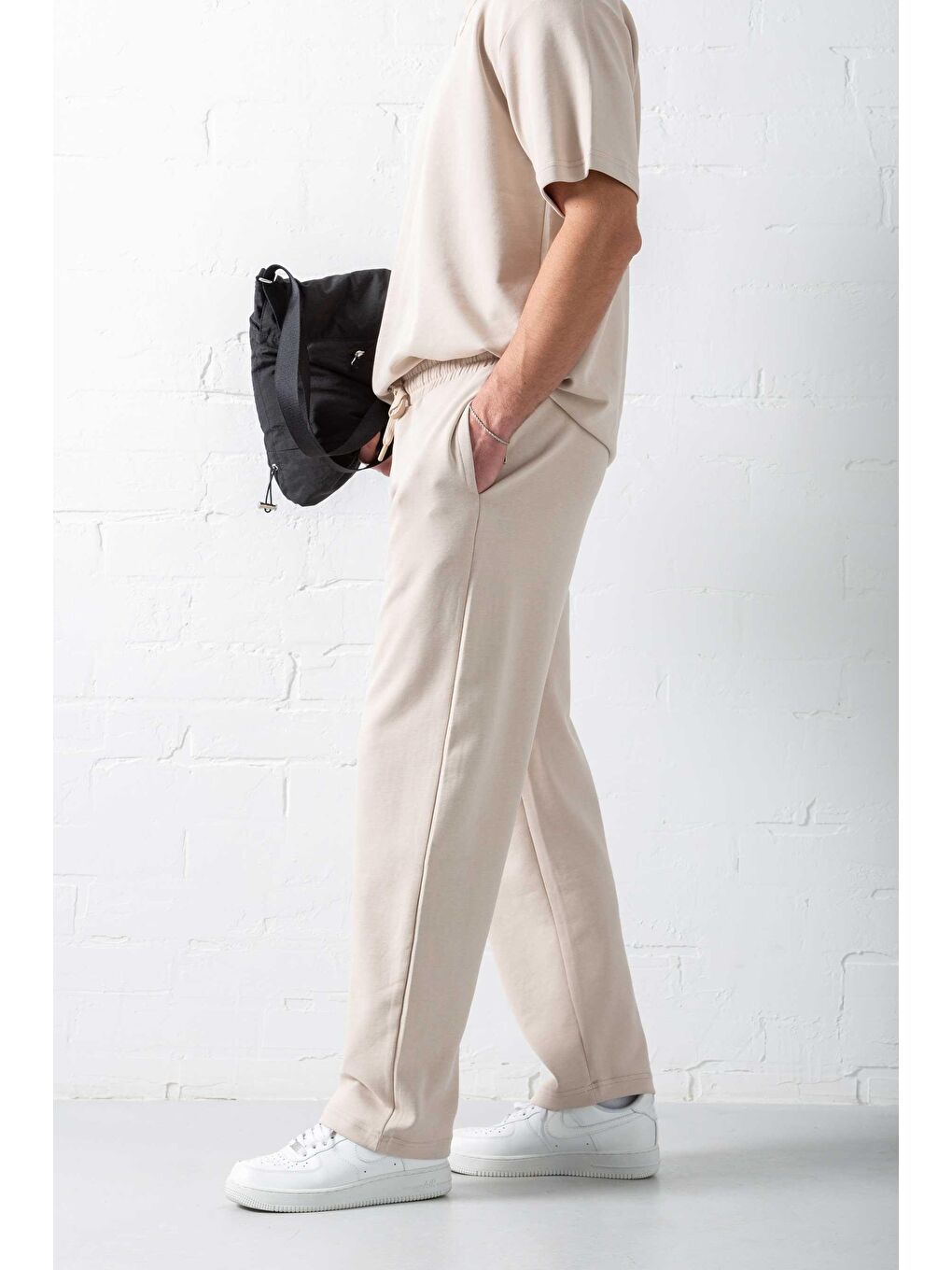 Erkek Regular Fit Beli Lastikli Rahat Eşofman Bej-4