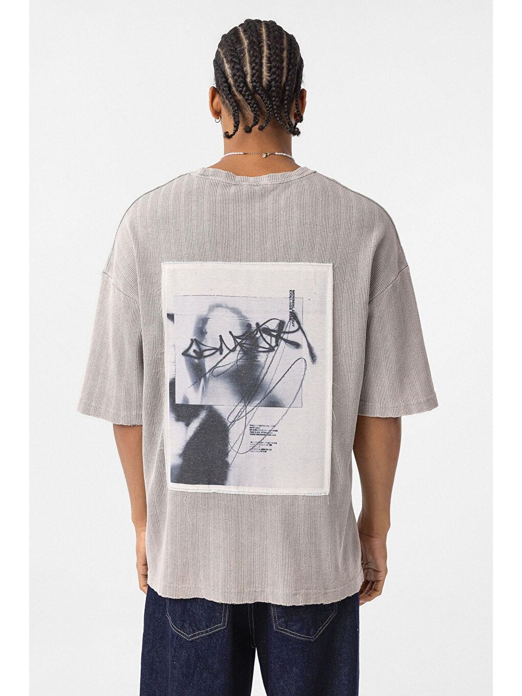 Bej Yıkamalı Arka Baskılı Oversize Tişört Taş-5