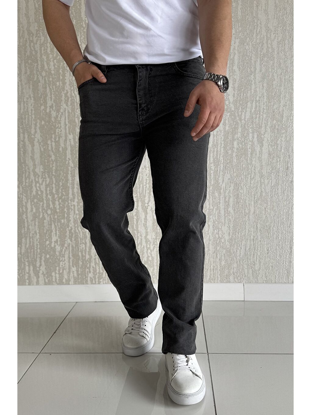 Antrasit Erkek Fermuarlı Elastanlı Jean Pantolon