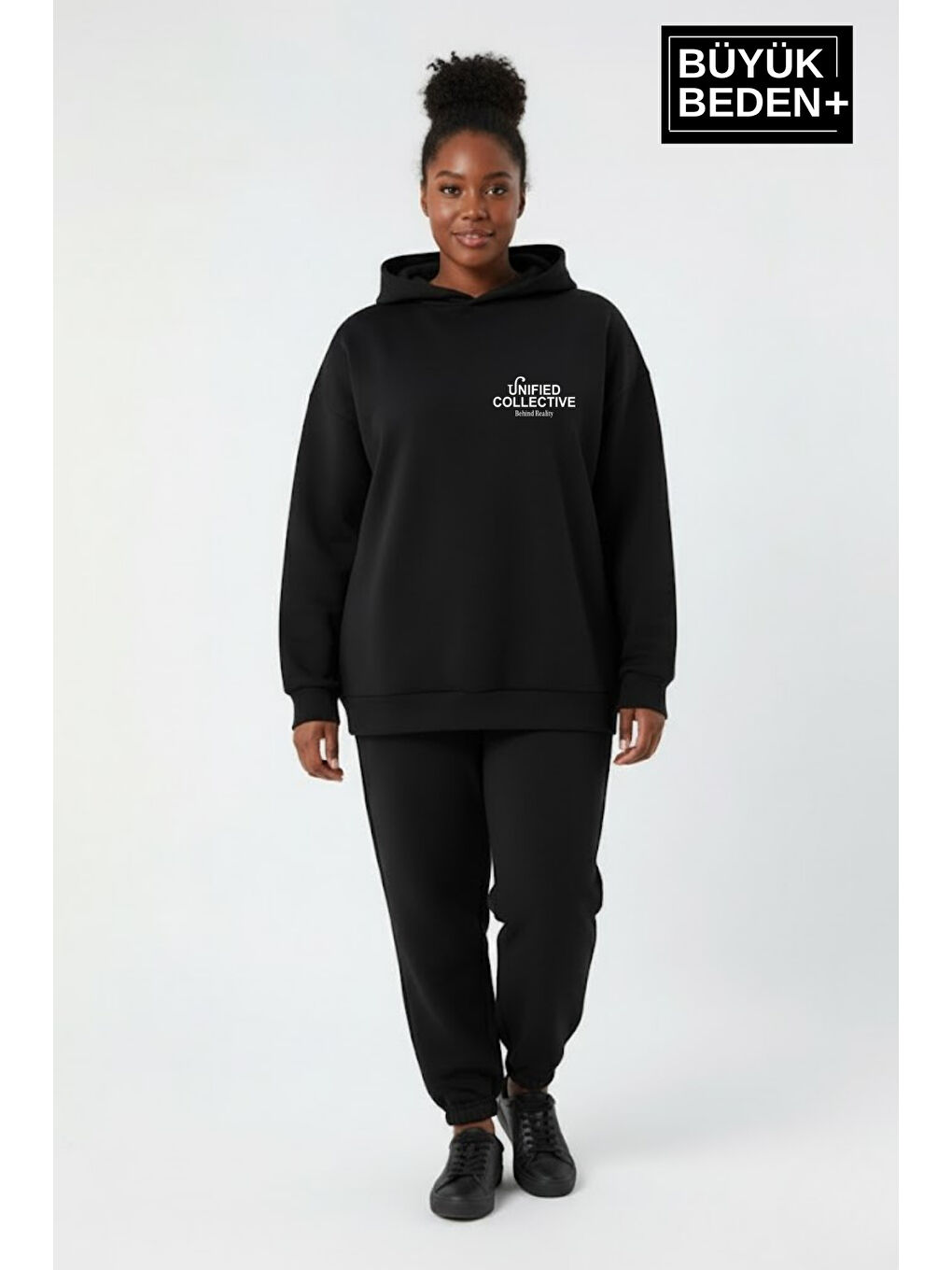Siyah Kadın Büyük Beden Rahat Kalıp Hoodie -Unified Baskılı Kapüşonlu Sweatshirt SPR26BSWK968