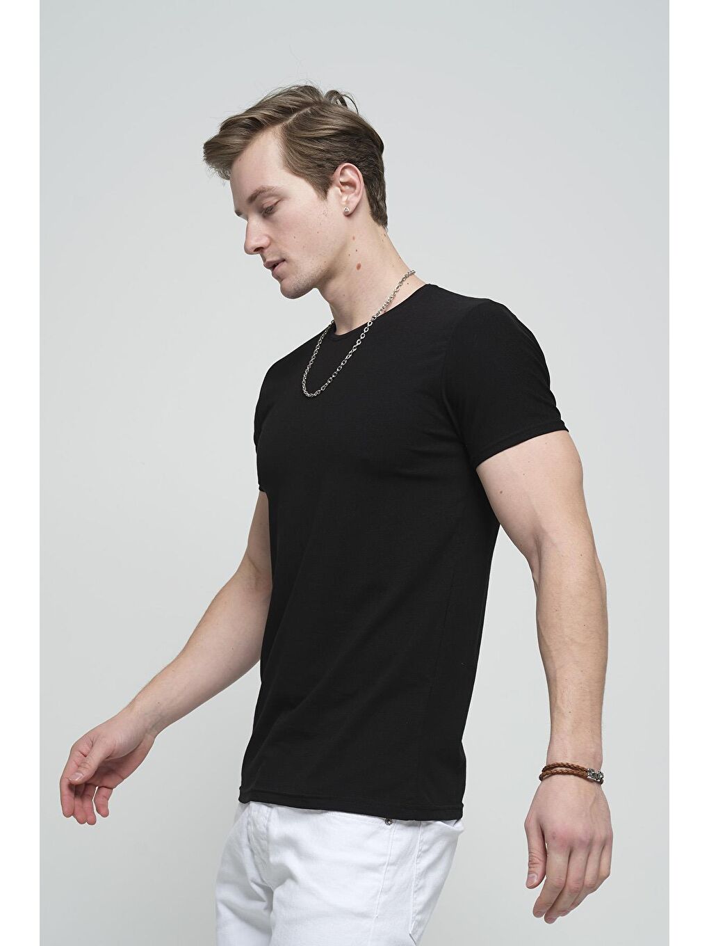 Oksit Siyah Slim Fit Likralı Bisiklet Yaka Erkek Basic Tişört - 1