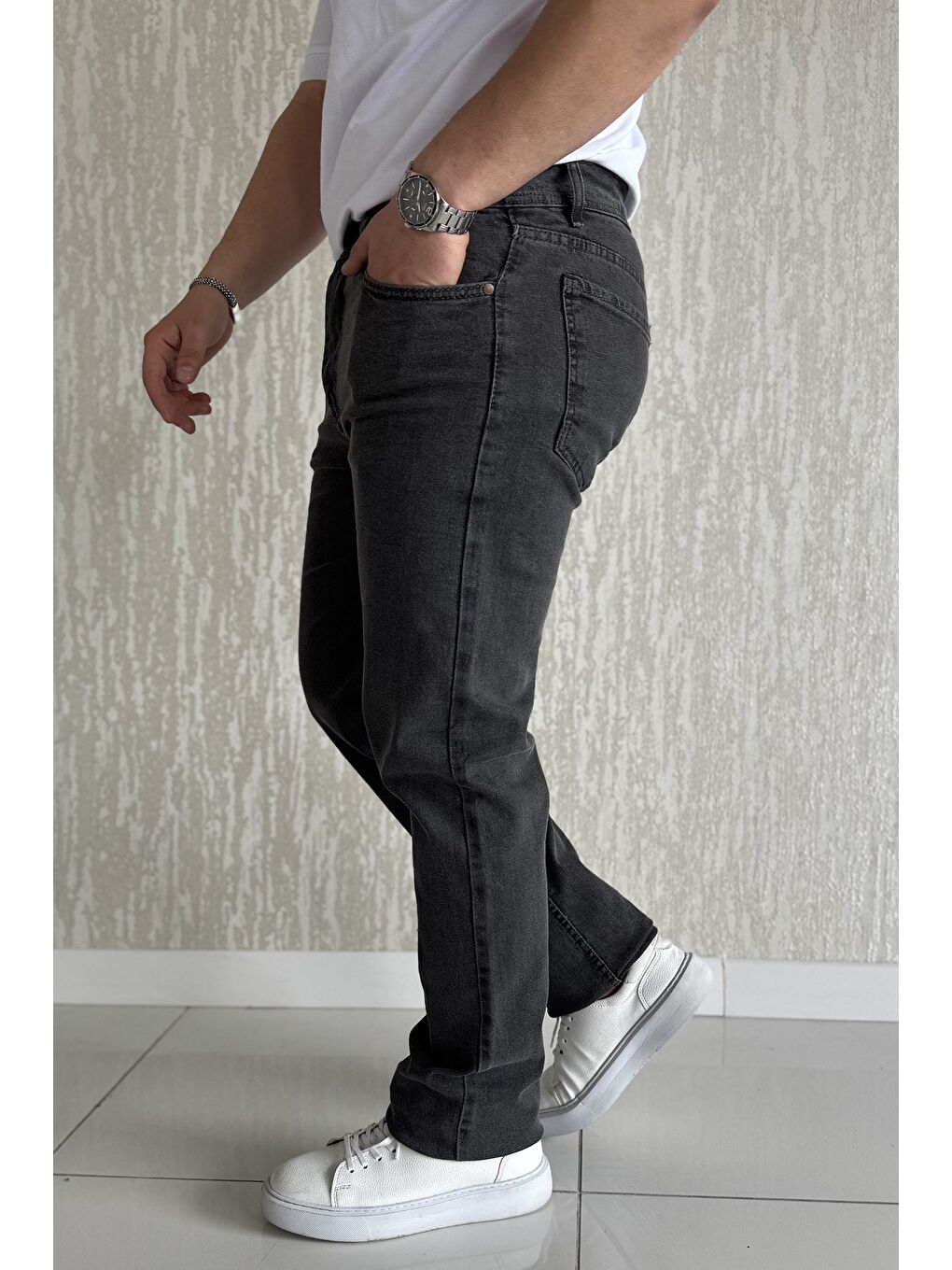 Antrasit Erkek Fermuarlı Elastanlı Jean Pantolon-1
