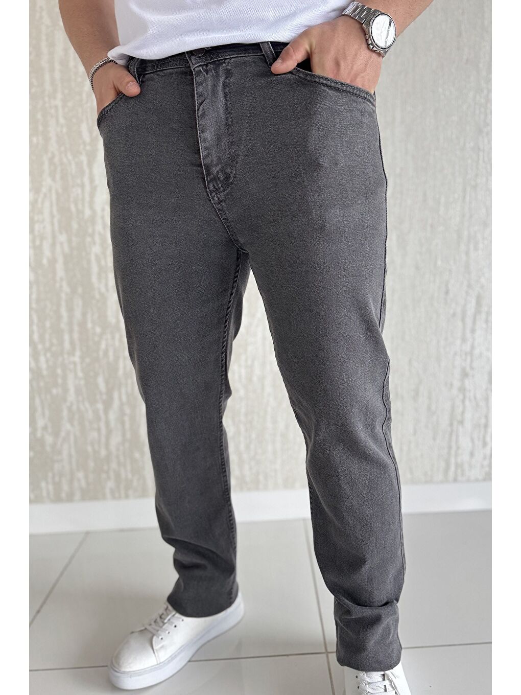 Antrasit Erkek Fermuarlı Elastanlı Jean Pantolon-3