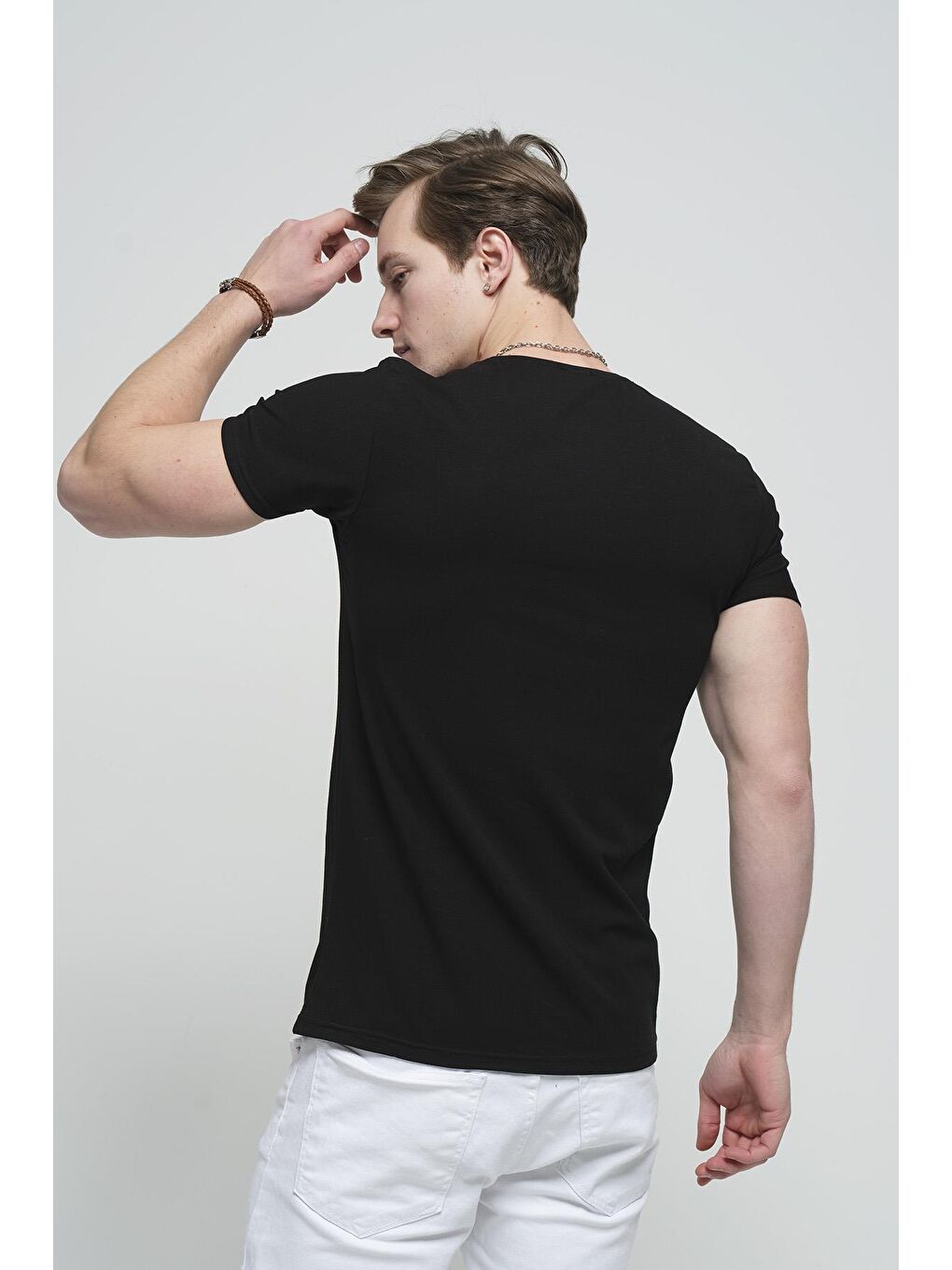 Oksit Siyah Slim Fit Likralı Bisiklet Yaka Erkek Basic Tişört - 2