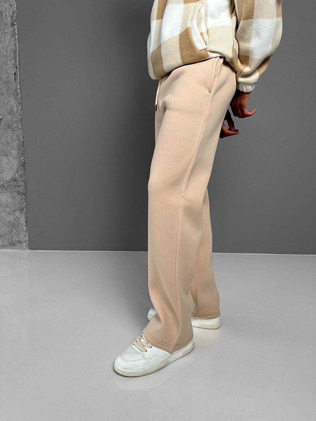 Ekru Erkek Baggy Fit Kalın Eşofman Krem-1