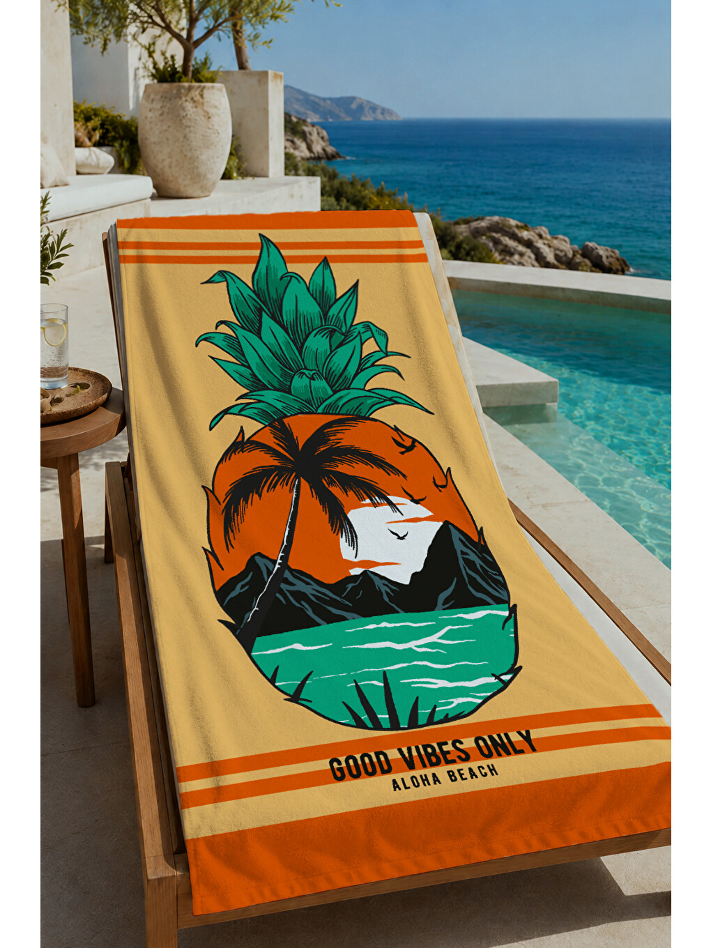 Turuncu Tropikal Ananas Ve Deniz Manzaralı 70x150 Cm Dijital Baskılı Plaj Ve Banyo Havlusu