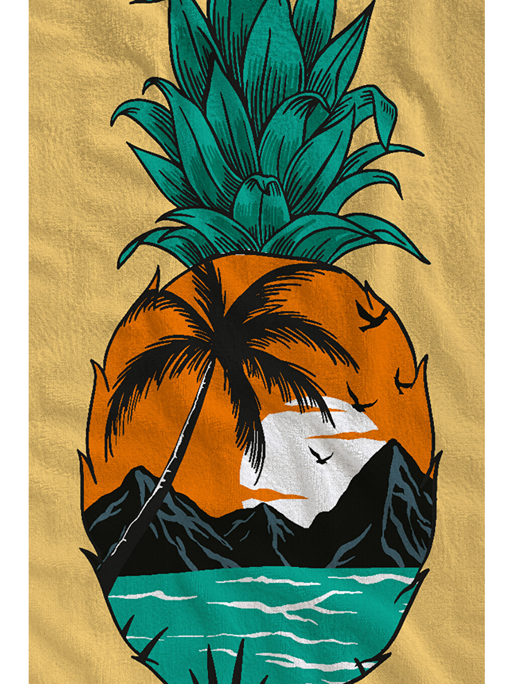 Turuncu Tropikal Ananas Ve Deniz Manzaralı 70x150 Cm Dijital Baskılı Plaj Ve Banyo Havlusu-1