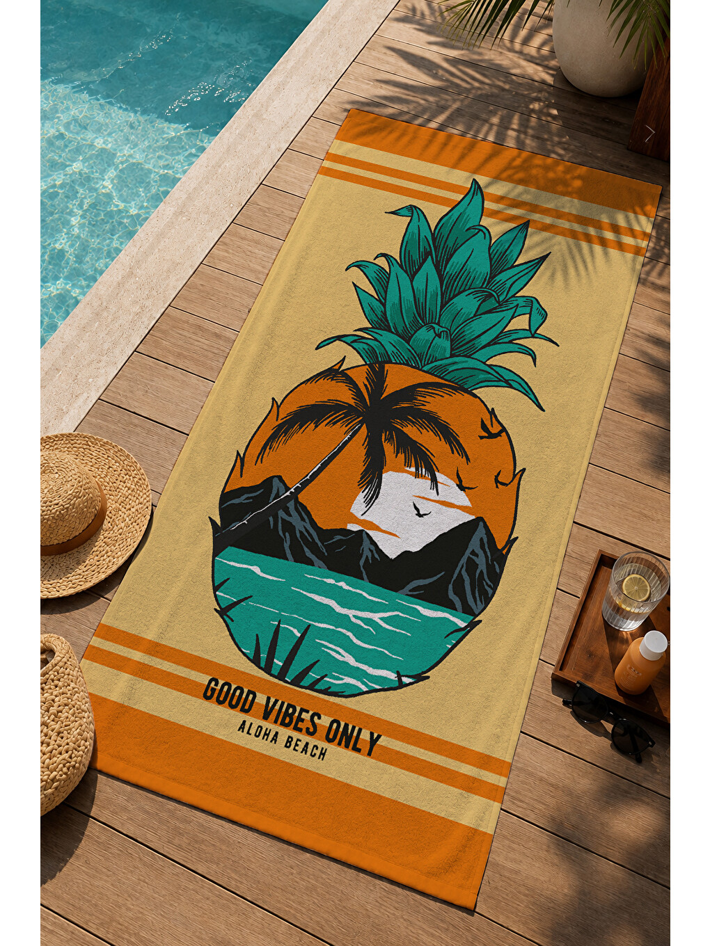 Turuncu Tropikal Ananas Ve Deniz Manzaralı 70x150 Cm Dijital Baskılı Plaj Ve Banyo Havlusu-2