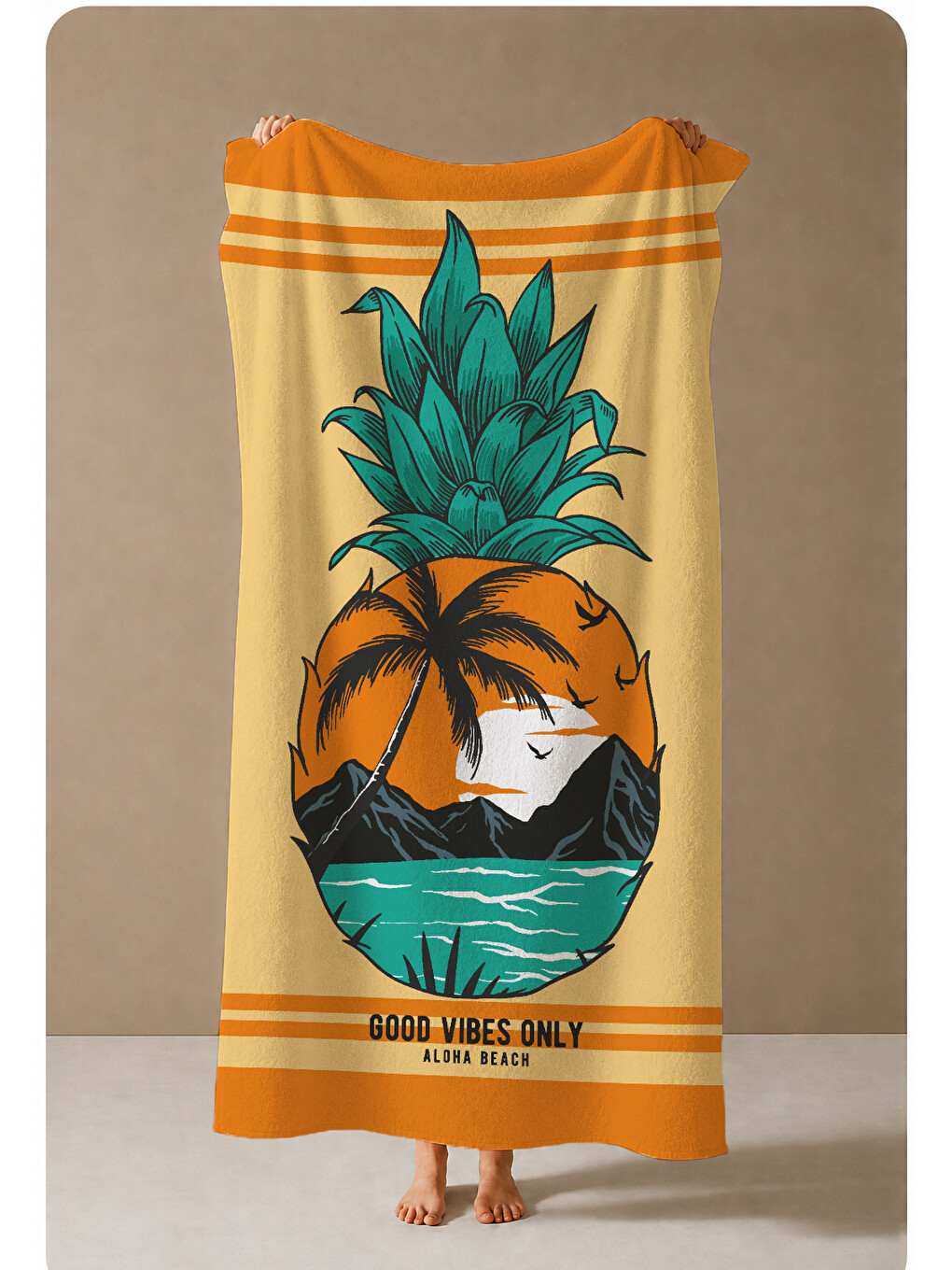 Turuncu Tropikal Ananas Ve Deniz Manzaralı 70x150 Cm Dijital Baskılı Plaj Ve Banyo Havlusu-3