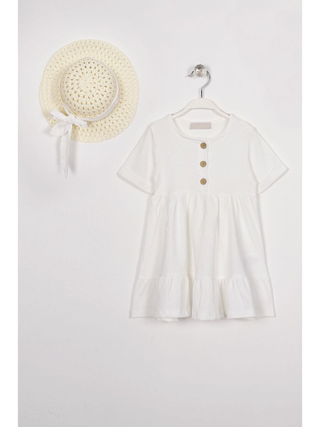 Düğme Detaylı Fırfırlı Şapkalı Beyaz Renk Kız Çocuk Elbise