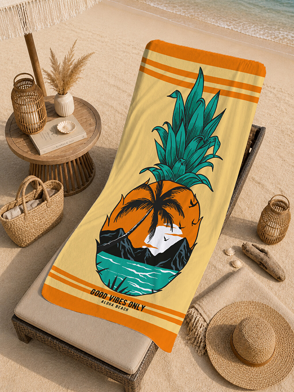Turuncu Tropikal Ananas Ve Deniz Manzaralı 70x150 Cm Dijital Baskılı Plaj Ve Banyo Havlusu-4