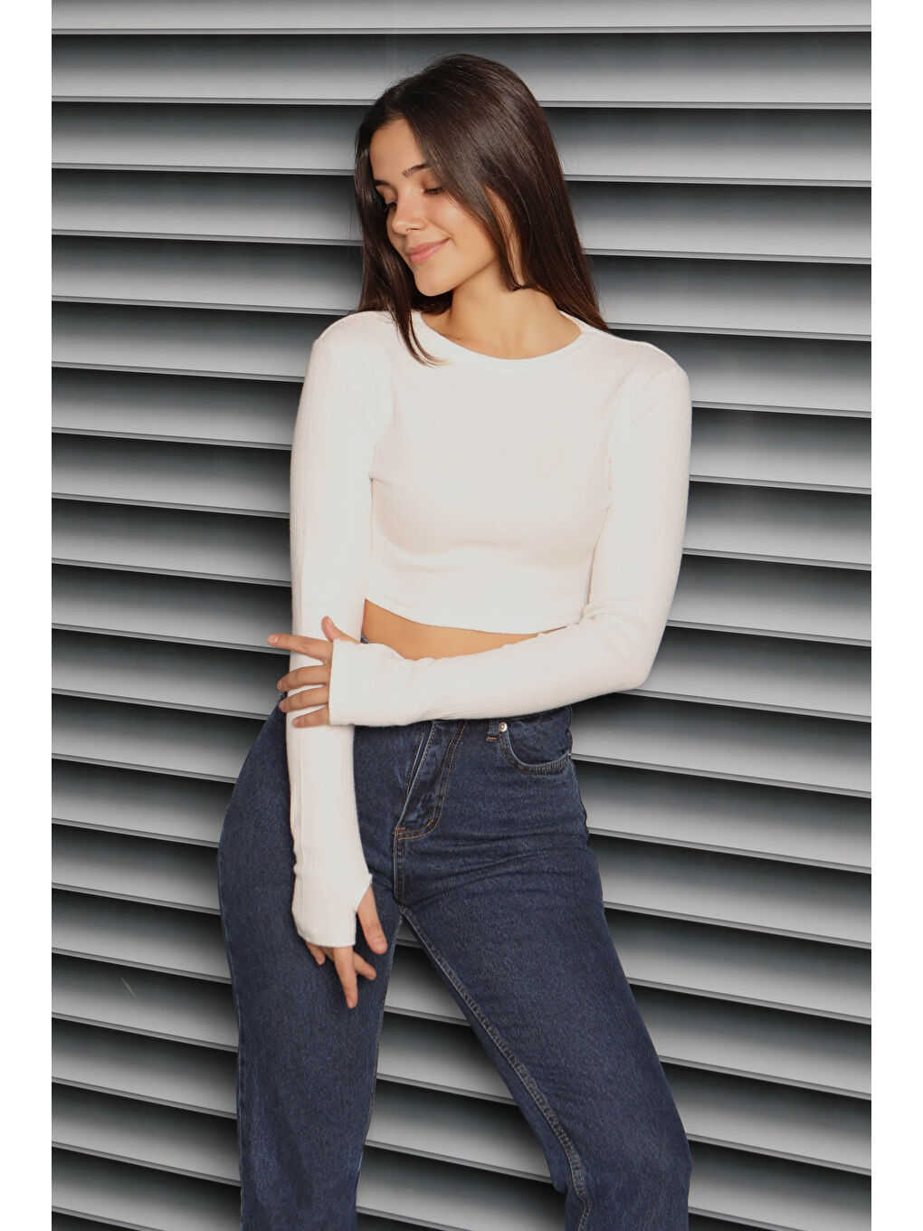 Uzun Kollu Kaşkorse Crop Beyaz - 27817-BEYAZ-2