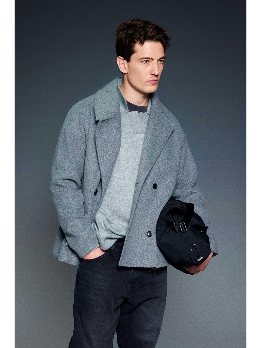 Erkek Oversize Kruvaze Kaban Koyu Gri-3