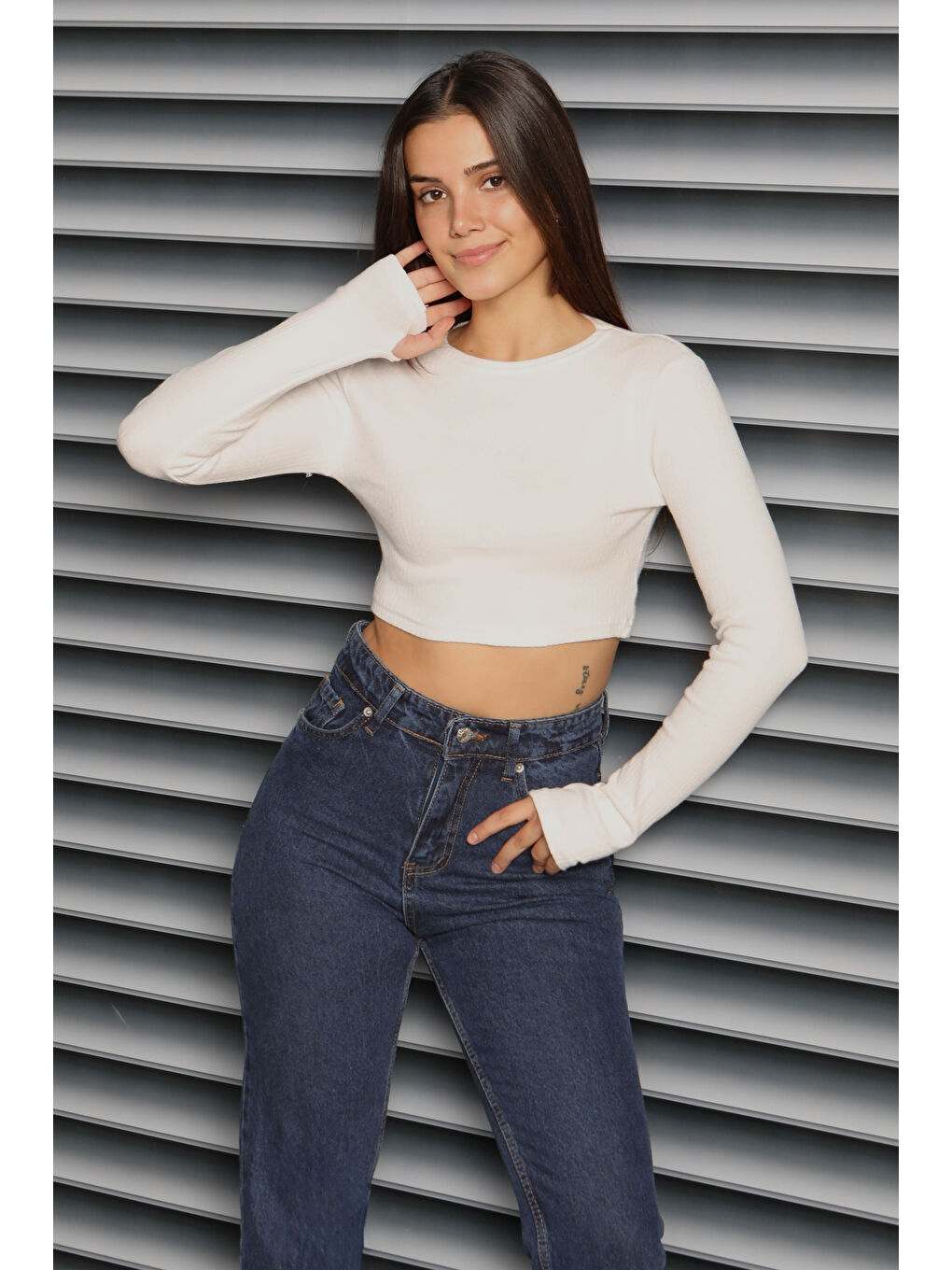 Uzun Kollu Kaşkorse Crop Beyaz - 27817-BEYAZ-3