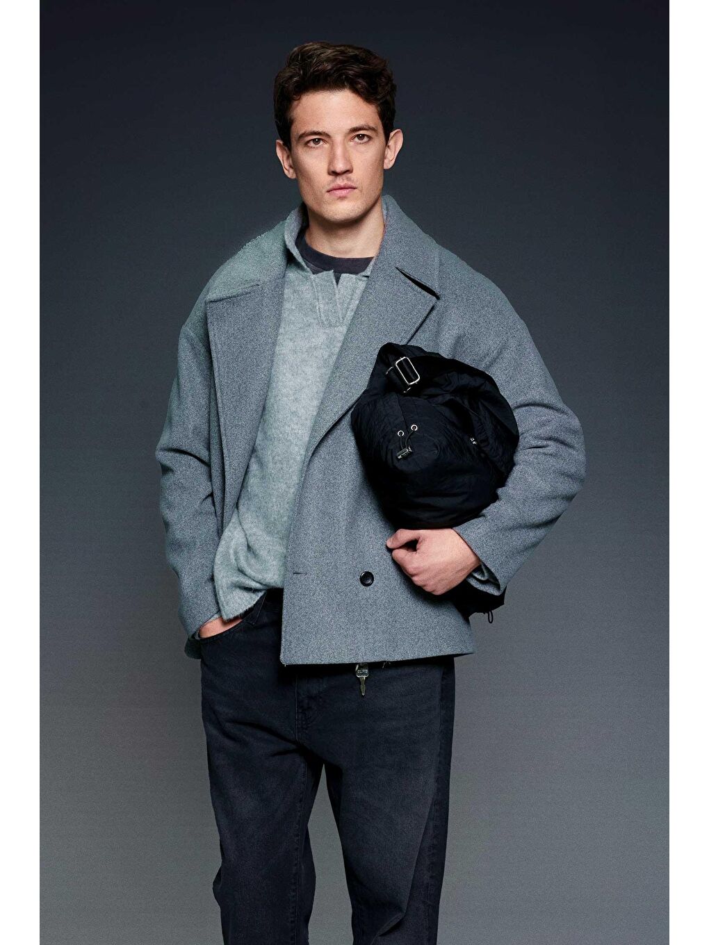 Erkek Oversize Kruvaze Kaban Koyu Gri-4