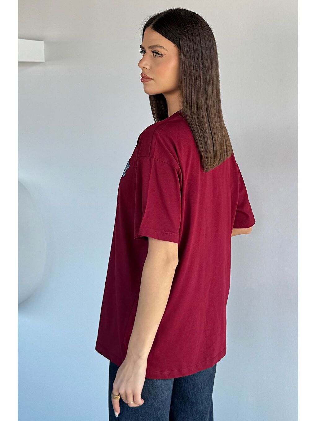 Bordo Kadın Baskılı Bisiklet Yaka Tişört-3