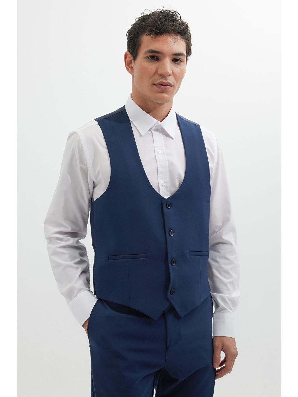 Erkek Standart Fit Normal Kesim Düz Fleto Cepli Lacivert Yelek-4