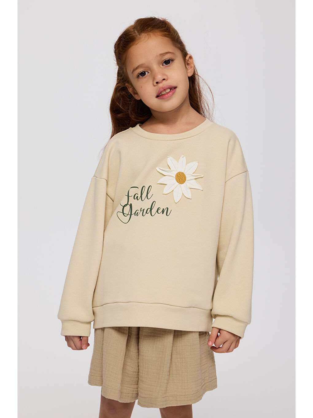 Kız Çocuk Çiçek Motifli Sweatshirt Bej-3