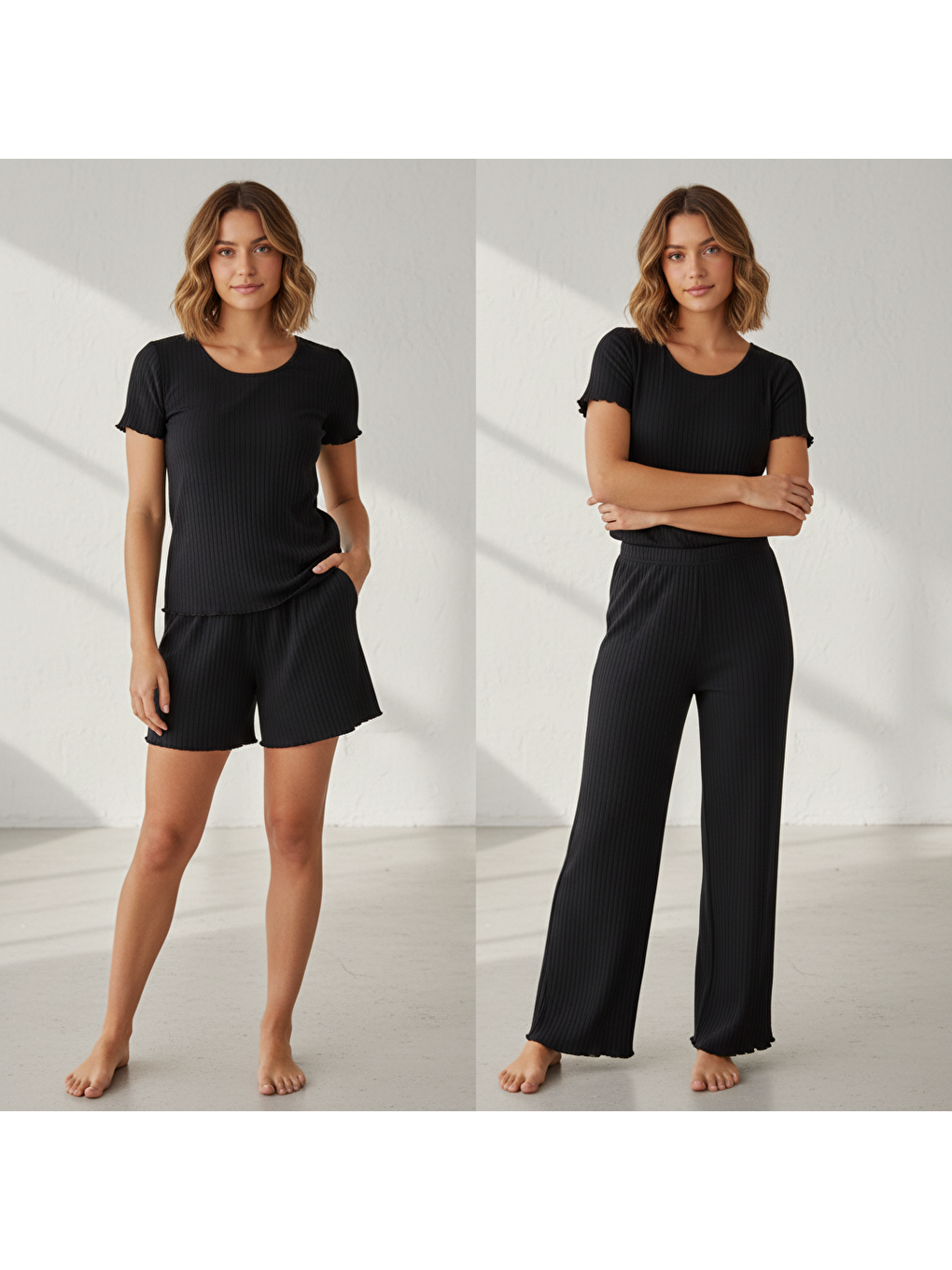 Kadın Siyah Renk Kısa Kollu Pijamalı Ve Şortlu 3'Lü Pamuklu Takım Bb2329-1