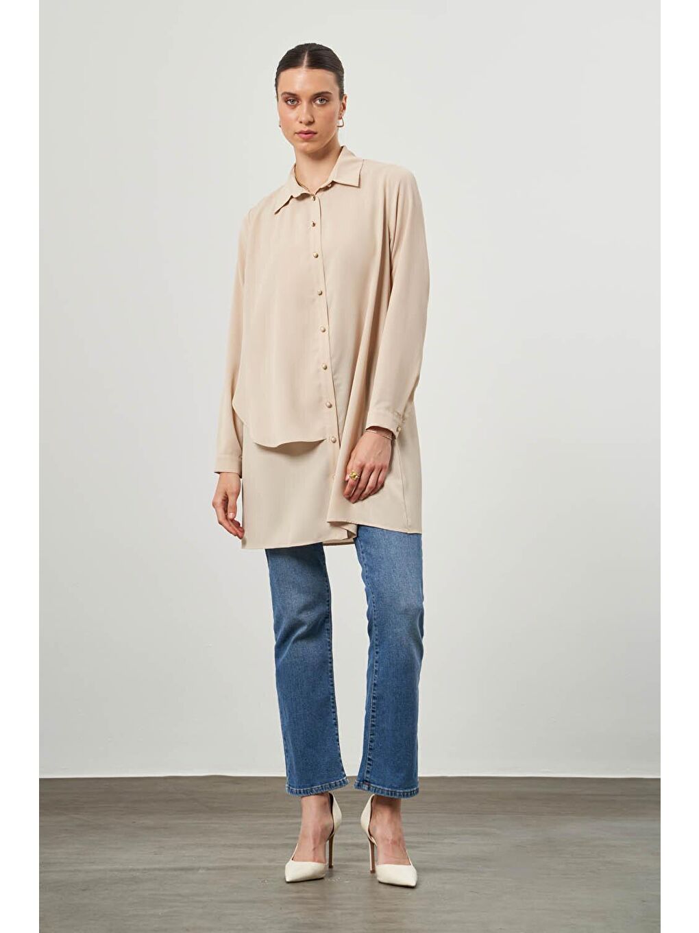 Bej Yan Parçalı Vizon Gömlek Tunik