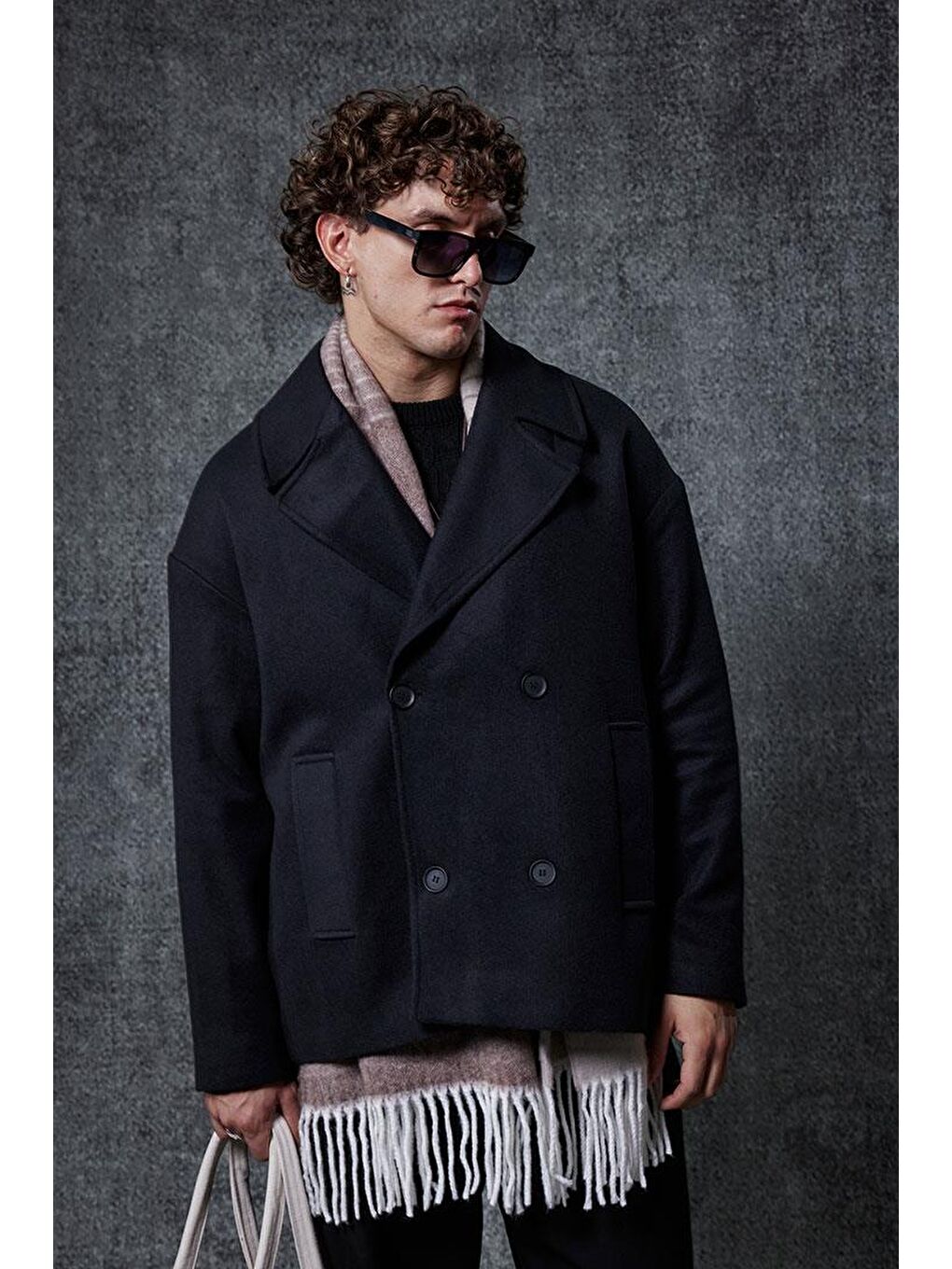 Erkek Oversize Kruvaze Kaban Siyah-3