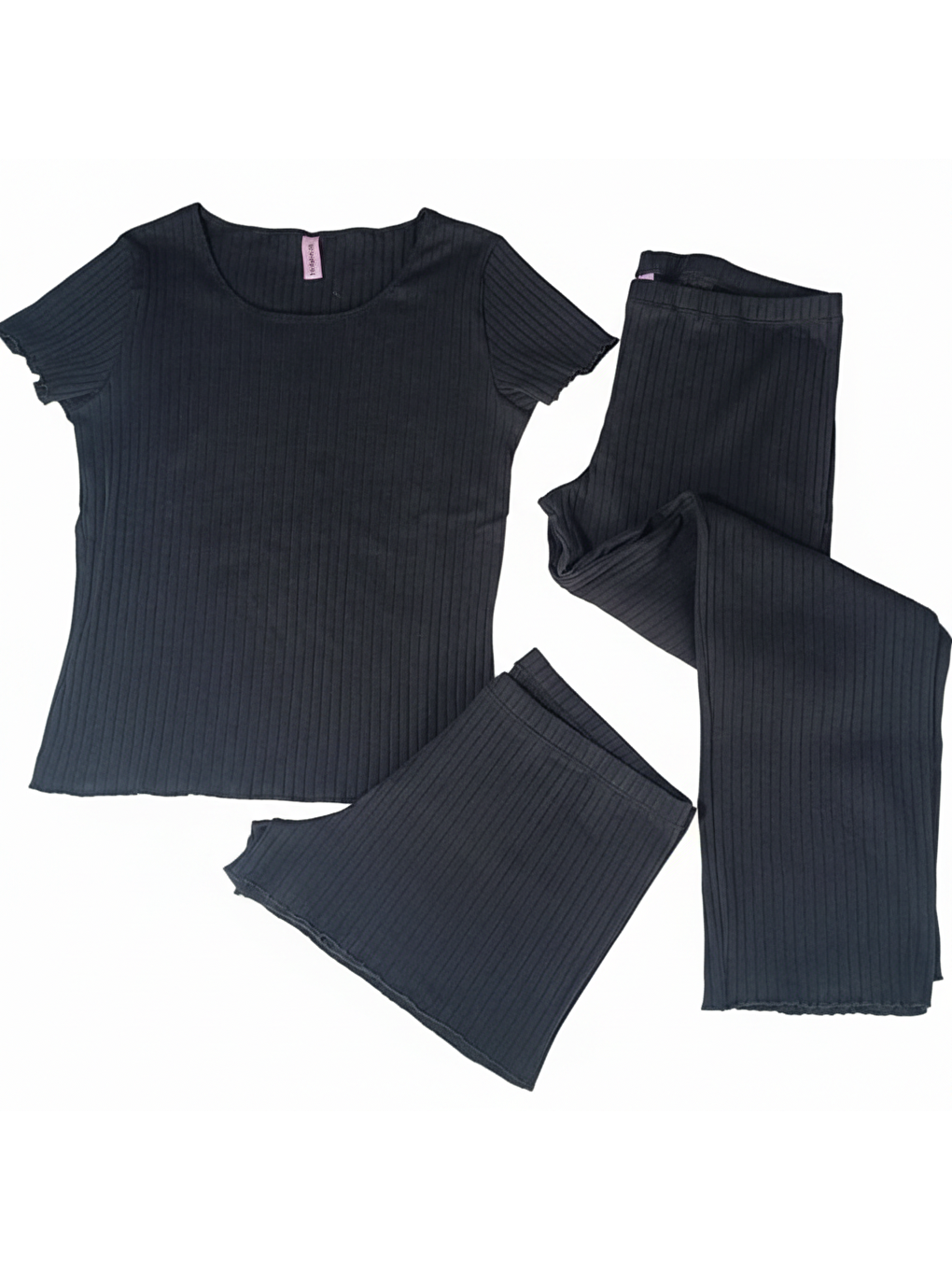 Kadın Siyah Renk Kısa Kollu Pijamalı Ve Şortlu 3'Lü Pamuklu Takım Bb2329-2