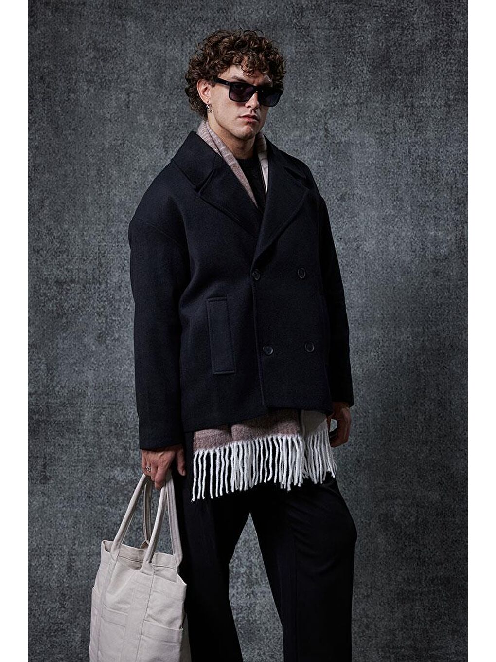 Erkek Oversize Kruvaze Kaban Siyah-4