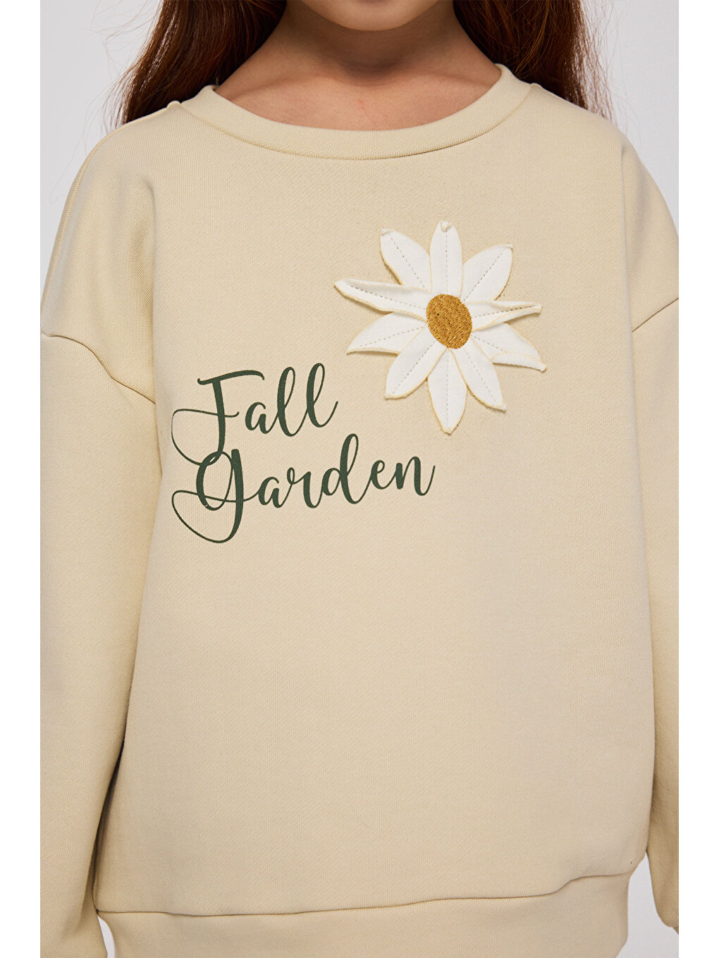 Kız Çocuk Çiçek Motifli Sweatshirt Bej-5