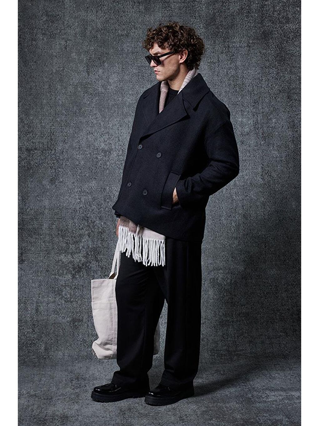 Erkek Oversize Kruvaze Kaban Siyah-5