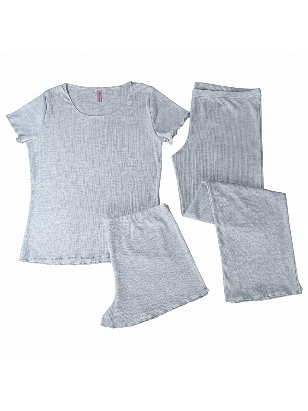 Kadın Açık Gri Renk Kısa Kollu Pijamalı Ve Şortlu 3'Lü Pamuklu Takım Bb2328-4